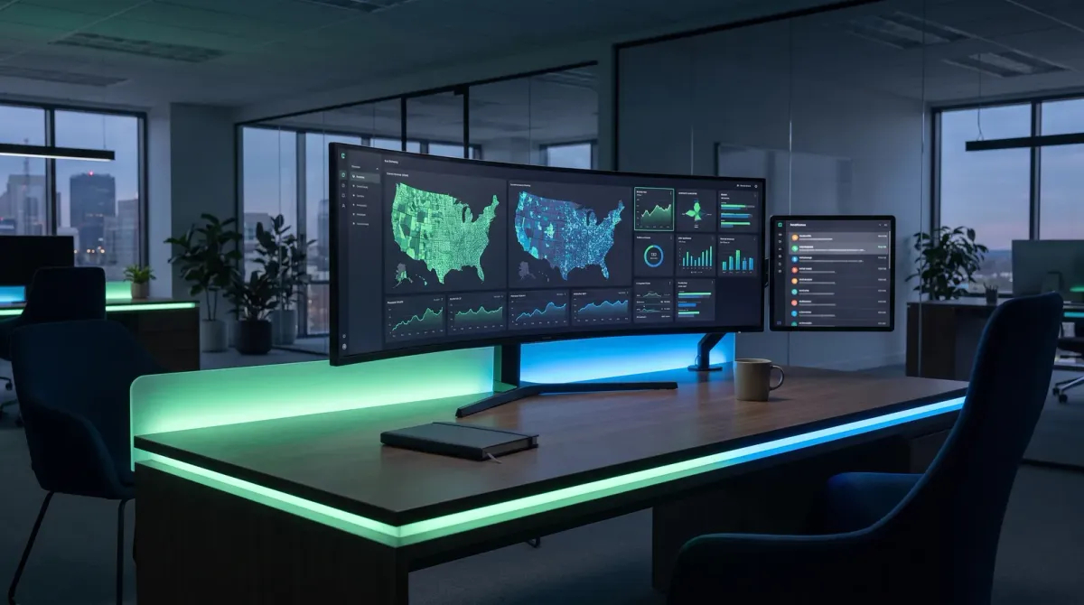 An empty modern insurance agency workspace at dusk with an ultrawide monitor displaying a marketplace client-book dashboard in green and blue tones