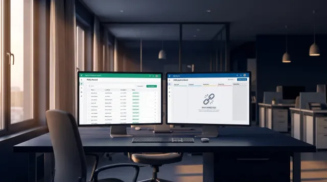 Wide shot of an empty modern insurance agency desk from behind, two monitors side by side, one showing an AMS policy record screen and the other showing a CRM pipeline board with disconnected columns, no people visible