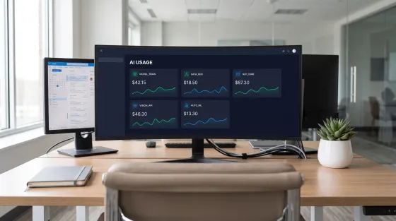 Wide shot of an empty modern insurance agency desk from behind, an ultrawide curved monitor displaying a dark dashboard titled AI Usage with five tool cost tiles and small green and blue trend lines, no people visible