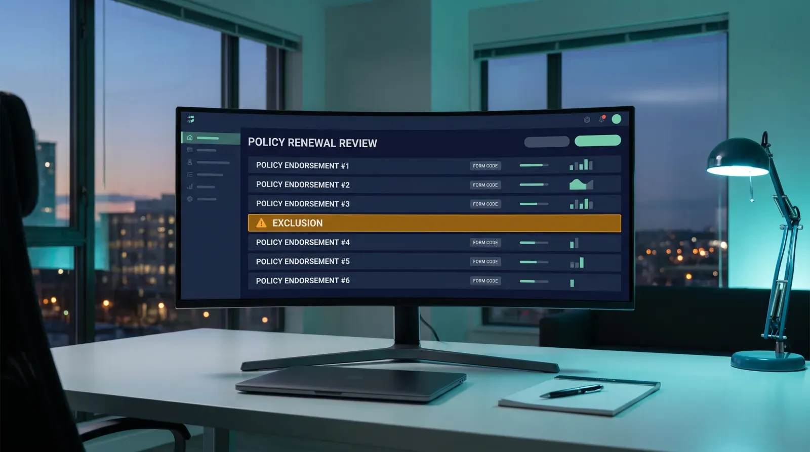 Wide shot of an empty modern insurance agency desk from behind, an ultrawide curved monitor displaying a dark dashboard titled Policy Renewal Review with an endorsement list and one line highlighted in amber, no people visible