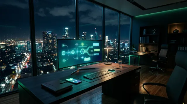 Night-time agent workspace with a curved monitor showing an automated lead follow-up workflow of connected steps and messages