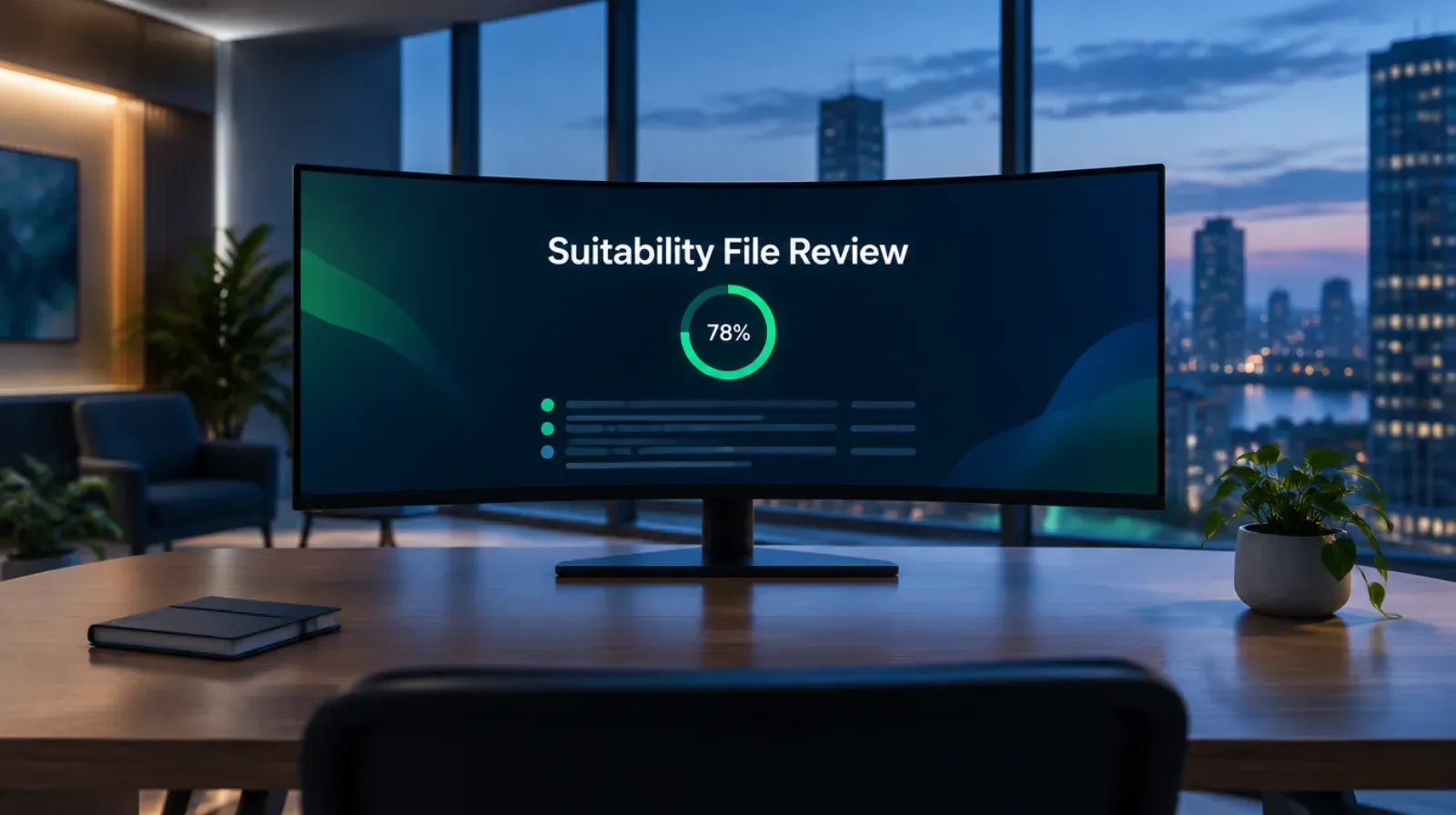 An empty modern insurance agency workspace at dusk, a wide curved monitor showing an abstract dashboard titled Suitability File Review with a green 78 percent completion ring, no people visible
