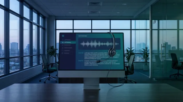 An empty modern insurance agency workspace shot from behind a desk at dusk, with a headset resting beside a monitor displaying an abstract sound waveform and call transcript panel, in green and blue tones, no people visible