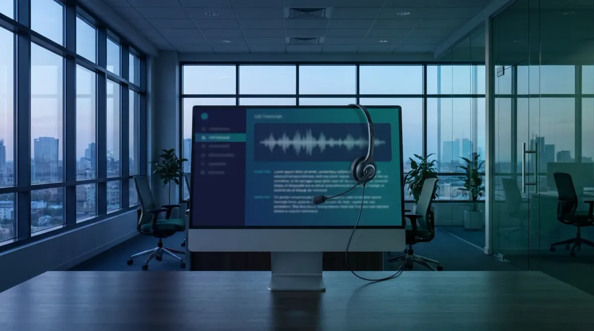 An empty modern insurance agency workspace shot from behind a desk at dusk, with a headset resting beside a monitor displaying an abstract sound waveform and call transcript panel, in green and blue tones, no people visible