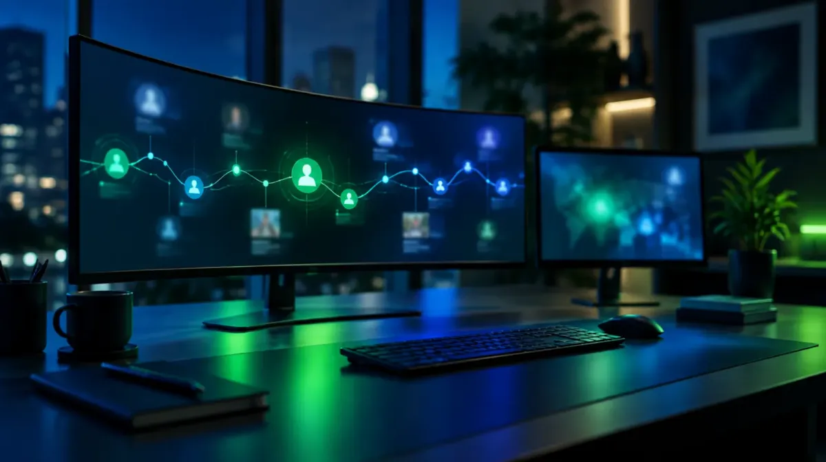 Dark cinematic insurance agency workspace at night with an ultrawide monitor showing an abstract client timeline interface with connected nodes, no readable text, no people visible, green and blue tones