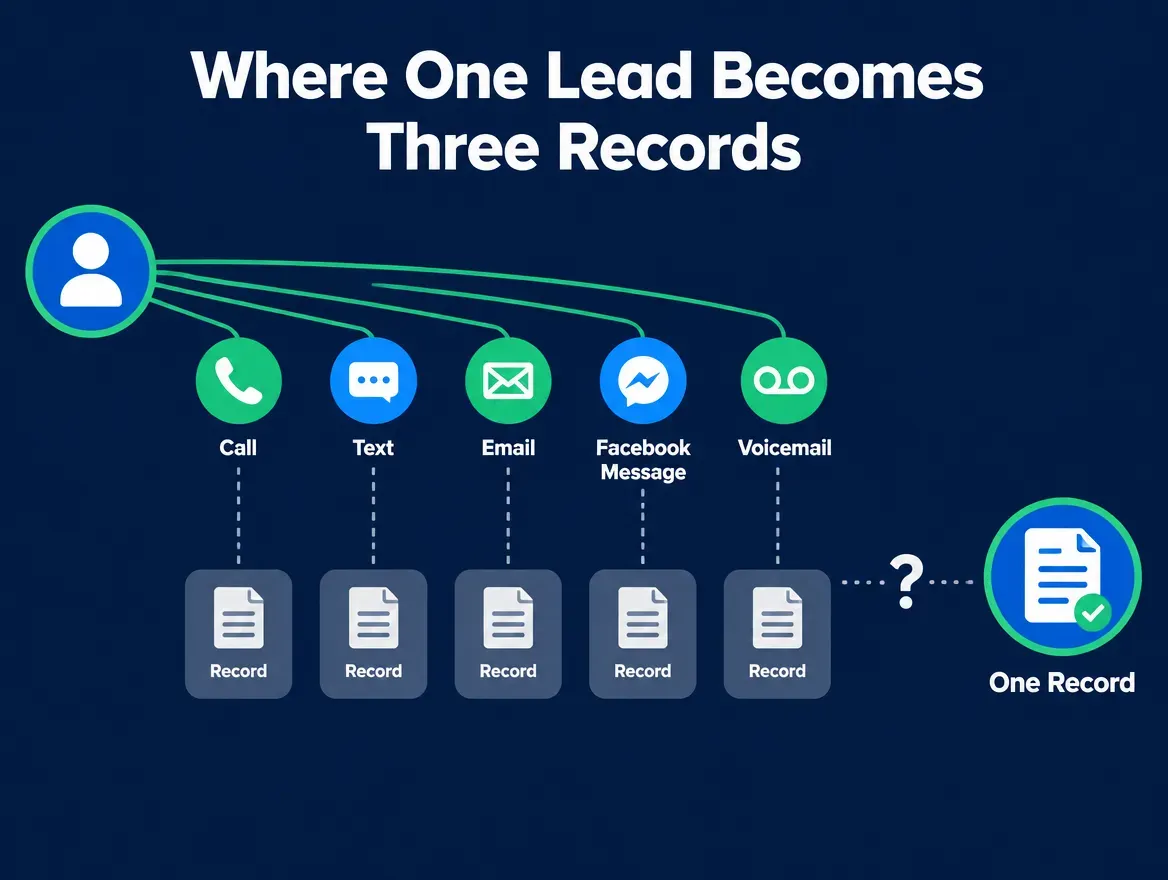 Infographic titled Where One Lead Becomes Three Records, showing a single lead icon branching into five channel icons labeled Call, Text, Email, Facebook Message, and Voicemail, each leading to a separate disconnected box, with a dotted line and question mark showing no connection back to one record, in green and blue Aurora colors, labeled Ambrose lead-memory spoke source September 2026