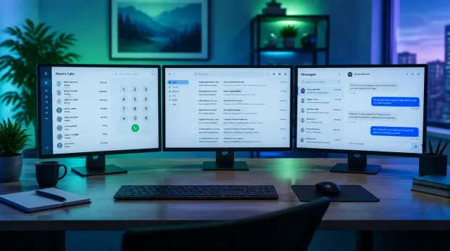 A modern insurance agency workspace shot from behind, wide desk with three monitors showing a dialer, an email inbox, and a text thread in green and blue Aurora tones, no people visible