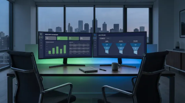 An empty modern insurance agency workspace at dusk with two separate ultrawide monitors, one showing a Medicare book dashboard and the other a life insurance pipeline, in green and blue tones