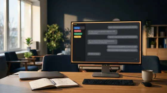 Wide shot of an empty modern insurance agency office desk from behind, a single monitor displaying a dark chat app with four colored tags reading Quoting, Marketing, Compliance, and Follow-Up stacked in the sidebar and blurred illegible message bubbles, a closed laptop, a notepad with scribbles, and a coffee mug on the desk, no people visible