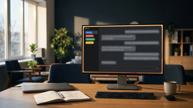 Wide shot of an empty modern insurance agency office desk from behind, a single monitor displaying a dark chat app with four colored tags reading Quoting, Marketing, Compliance, and Follow-Up stacked in the sidebar and blurred illegible message bubbles, a closed laptop, a notepad with scribbles, and a coffee mug on the desk, no people visible