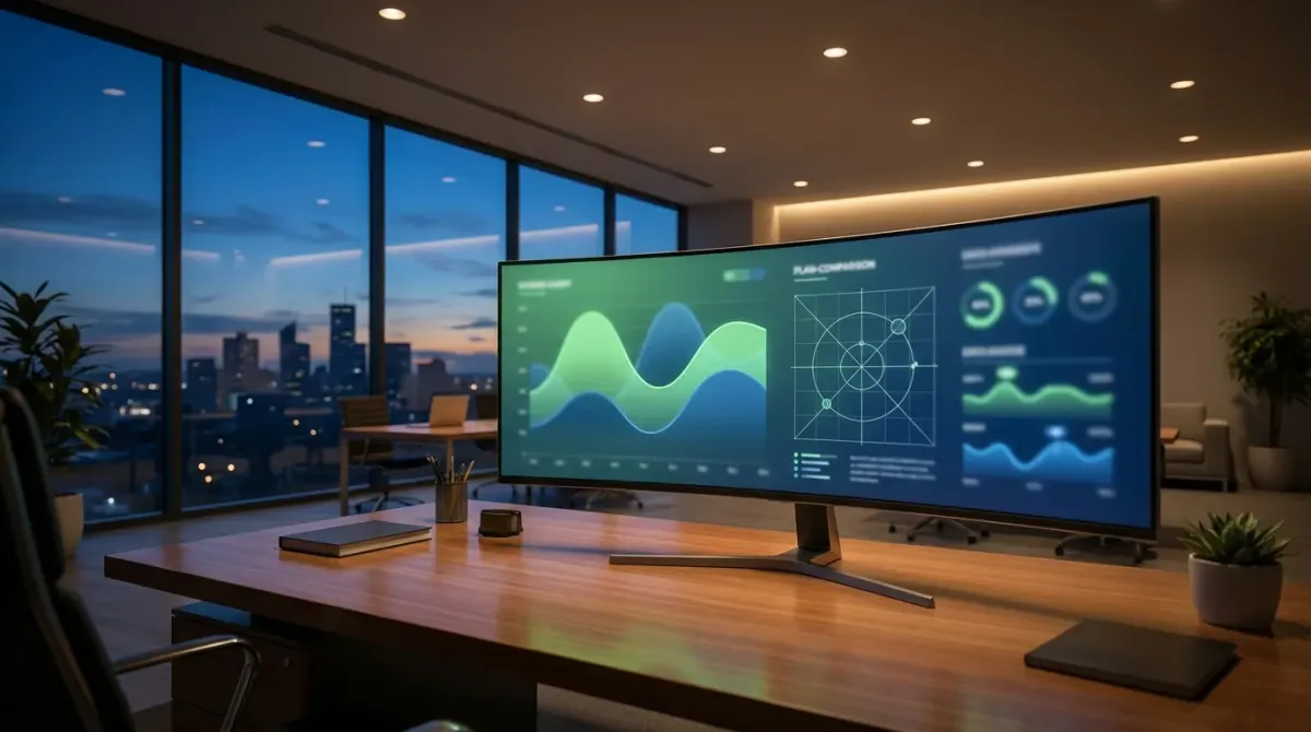 A wide, empty modern insurance agency workspace at dusk with an ultrawide monitor displaying an abstract plan-alignment dashboard in green and blue tones