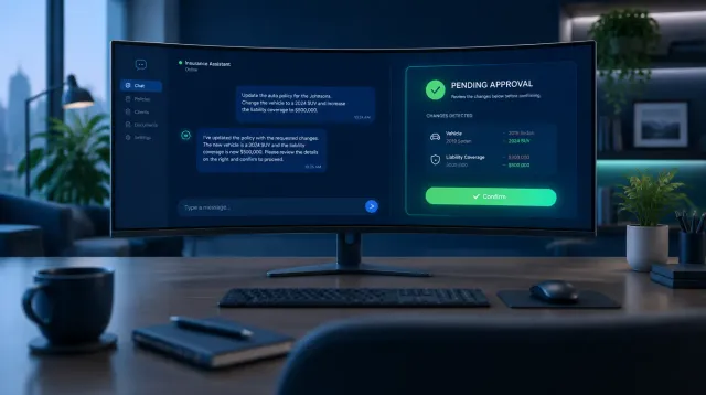 Wide shot of an empty modern insurance agency desk from behind, an ultrawide curved monitor displaying a dark chat interface with a pending-approval card showing a staged change waiting for confirmation, green and blue accent colors, no people visible