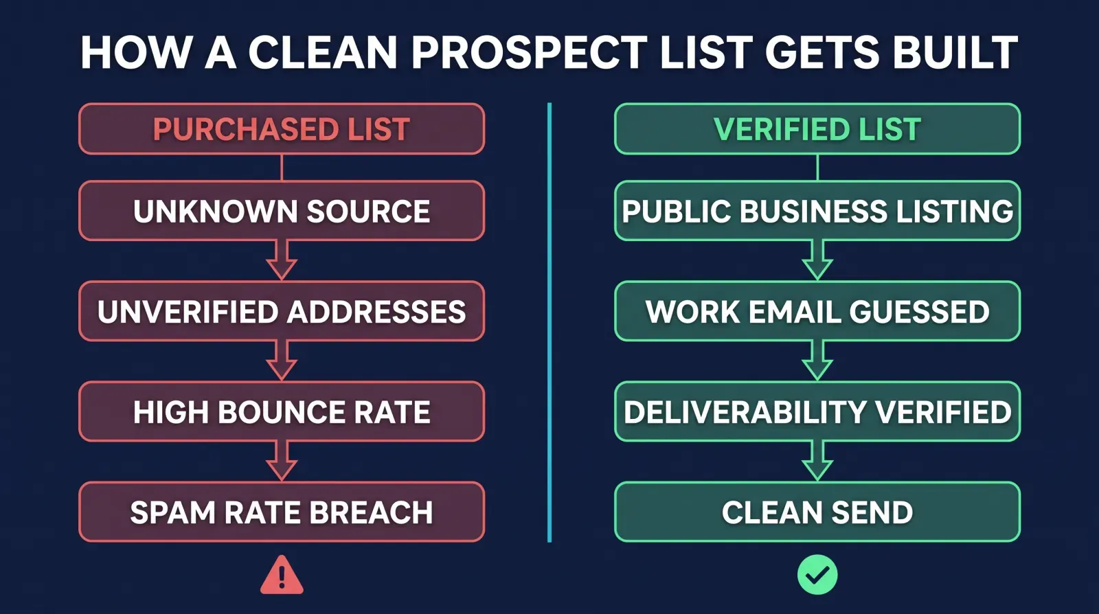 Infographic titled How a Clean Prospect List Gets Built, showing two contrasted vertical flows on a dark navy background in green and blue. Left flow labeled Purchased List: unknown source, then unverified addresses, then high bounce rate, then spam rate breach, ending in a red warning icon. Right flow labeled Verified List: public business listing, then work email guessed, then deliverability verified, then clean send, ending in a green check icon.