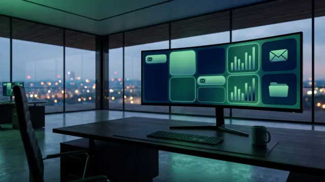 A modern insurance agency workspace shot from behind a desk, wide ultrawide monitor displaying an abstract green and blue inbox and deliverability dashboard interface, no people visible