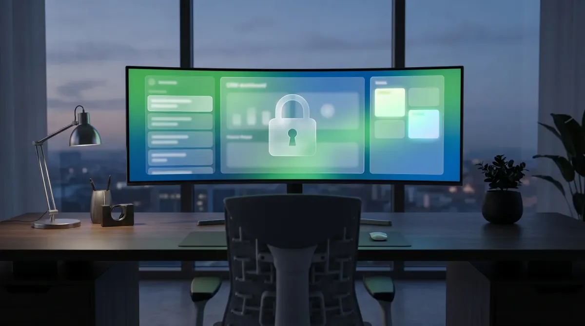 An empty insurance agency workstation at dusk with an ultrawide monitor showing an abstract CRM contact record: a conversation timeline on the left, the center message panel covered by a translucent glass padlock, and a notes panel glowing on the right, in green and blue light, no people visible