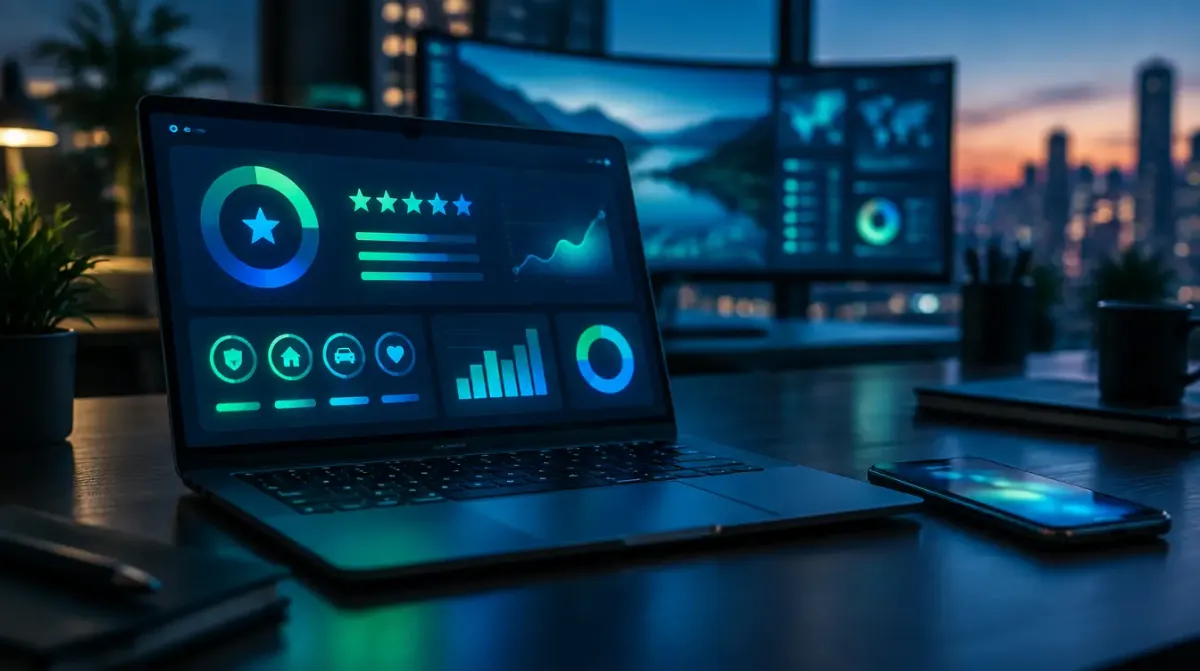 Dark cinematic insurance agency desk at dusk with a laptop showing an abstract star-rating interface with no readable text, a phone lying face-up beside it, an ultrawide monitor in the background showing a soft blurred review-dashboard glow, no people visible, green and blue tones