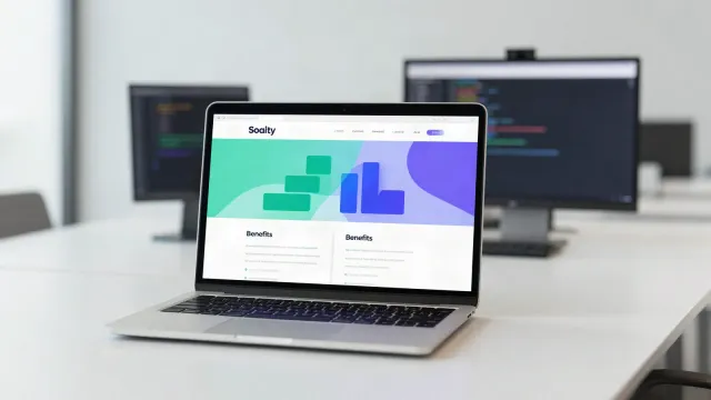An empty conference room table shot from behind an open laptop, the screen showing an abstract branded website mockup with a green and blue two-column benefits layout, a second monitor beside it showing a dark code editor, no people visible