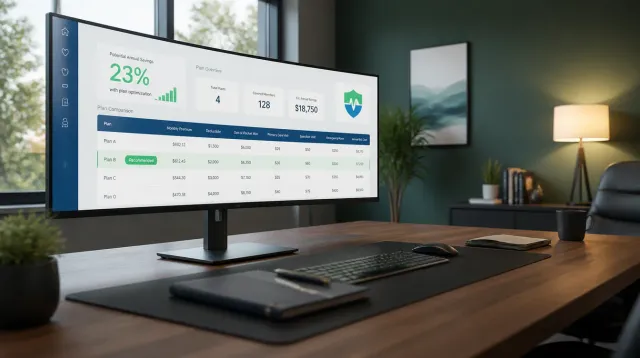 A wide editorial shot of an empty insurance agency desk with an ultrawide monitor showing a green and blue ICHRA affordability decision dashboard, a lowest-cost silver plan figure and a 9.96 percent threshold visible on screen, no people present