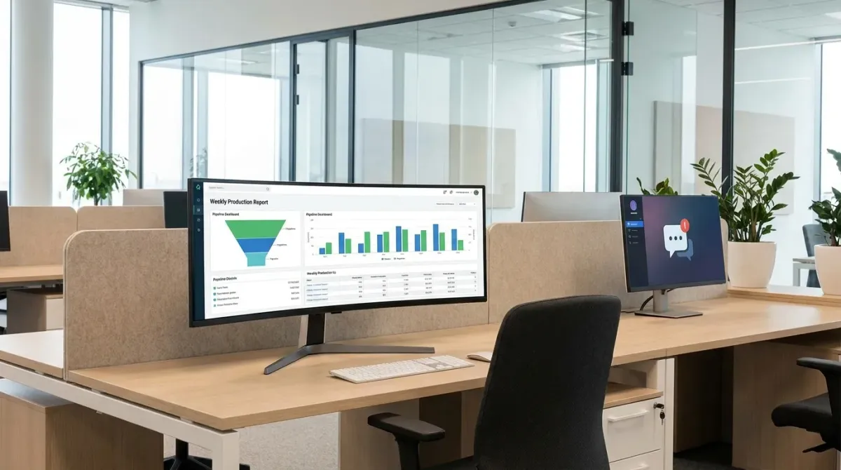 An empty modern insurance agency workspace shot from the side, with an ultrawide monitor displaying a green and blue weekly production report dashboard with a pipeline funnel and bar chart, and a second monitor showing a Slack notification