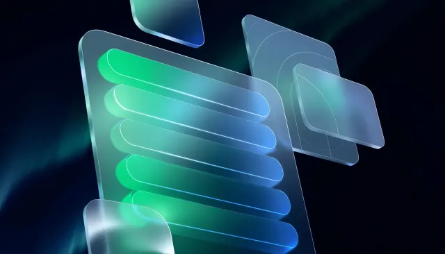 Abstract glassmorphic dashboard showing stacked budget bars and cost categories in green and blue gradient tones, representing an insurance agency technology budget