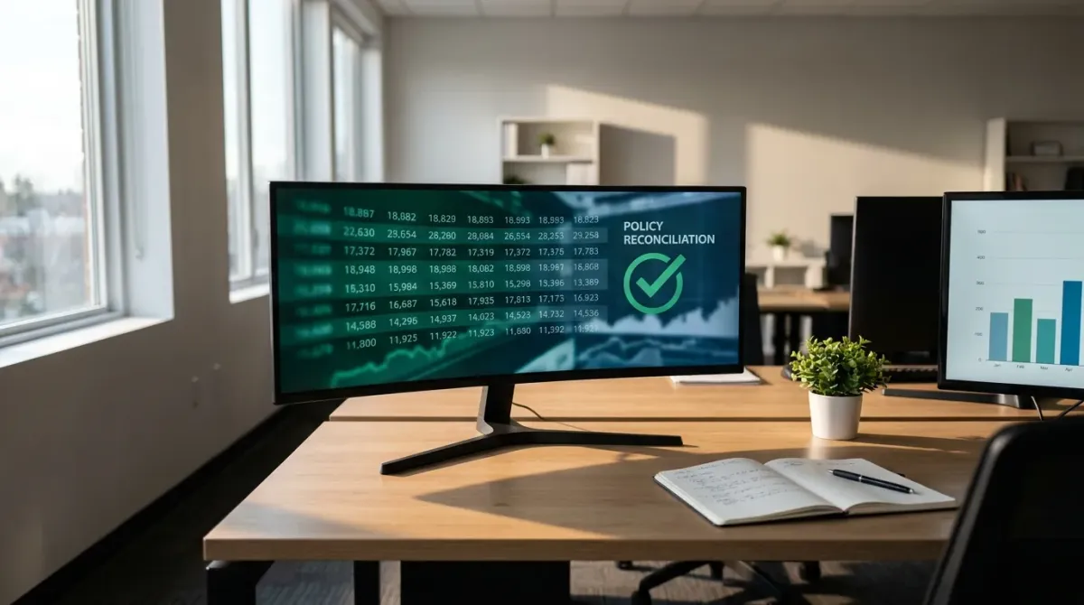 An empty modern insurance agency workspace shot from the side, with an ultrawide monitor displaying a green and blue commission reconciliation dashboard and a checkmark icon next to a second monitor showing a bar chart