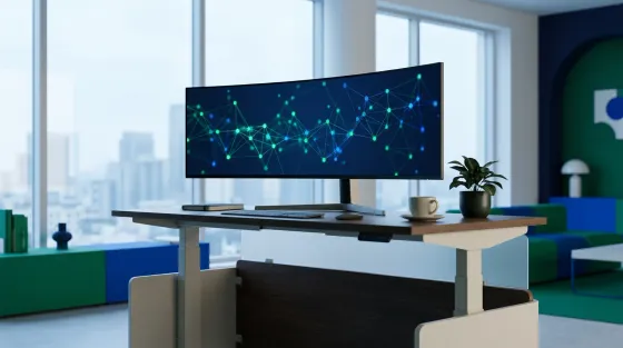 An empty modern insurance agency workspace shot from behind a desk, with an ultrawide monitor displaying a green and blue referral-network diagram connecting several unlabeled contact nodes, no people visible