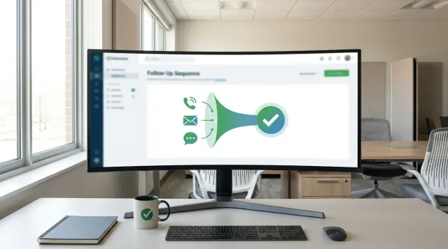 A modern insurance agency workspace shot from behind, wide ultrawide monitor displaying a multi-channel follow-up funnel dashboard in green and blue tones, no people visible