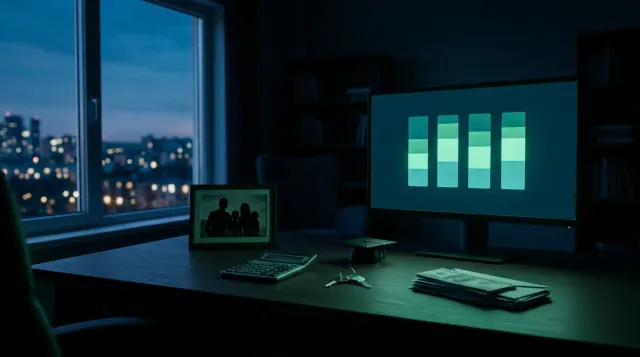 Home office desk at dusk with a family photo, calculator, house keys, graduation cap and bills beside a monitor showing four stacked coverage bars for the DIME method