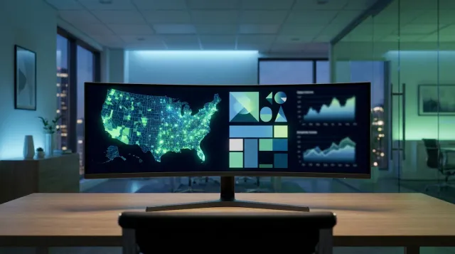 An empty modern insurance agency workspace at dusk with an ultrawide monitor displaying a county map and ACA plan comparison dashboard in green and blue tones