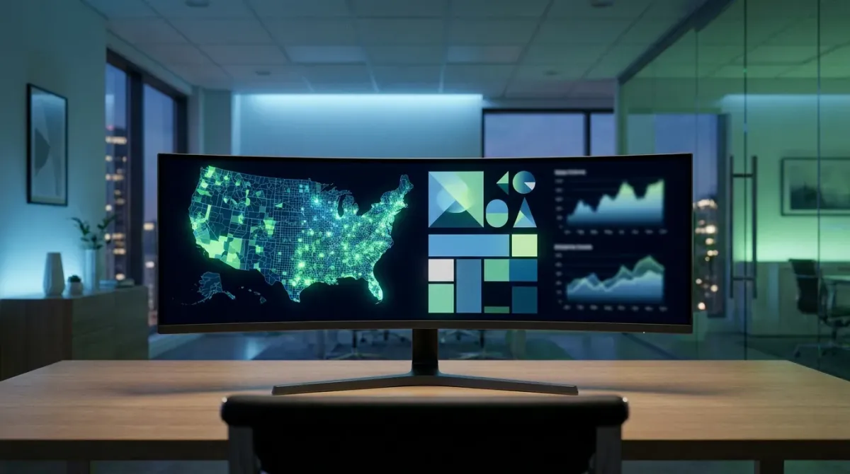 An empty modern insurance agency workspace at dusk with an ultrawide monitor displaying a county map and ACA plan comparison dashboard in green and blue tones
