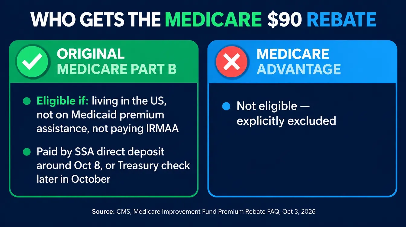 Infographic titled Who Gets the Medicare 90 Dollar Rebate showing two columns: Original Medicare Part B, eligible if living in the US, not on Medicaid premium assistance, and not paying IRMAA, paid by SSA direct deposit around October 8 or a Treasury check later in October; and Medicare Advantage, not eligible, explicitly excluded, with a source line reading CMS Medicare Improvement Fund Premium Rebate FAQ October 3 2026