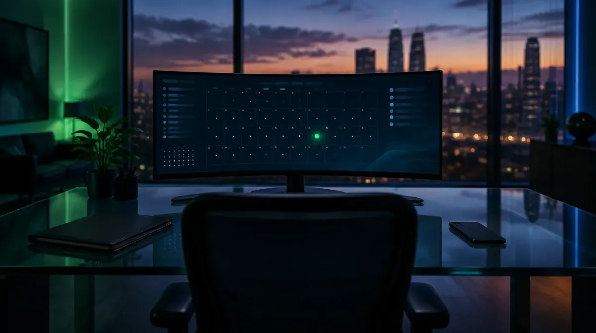 An empty modern insurance agency workspace at dusk, shot from behind an office chair toward a glass desk with an ultrawide curved monitor displaying a dark abstract calendar grid with one glowing date marker, soft green and blue ambient lighting, a closed folder and phone face-down on the desk, no people, no readable text