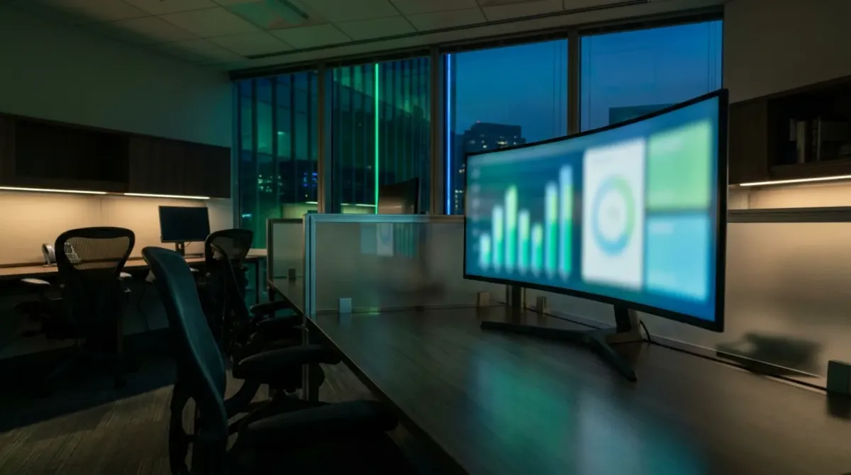 An empty modern insurance agency workspace at dusk with an ultrawide monitor displaying a commission rate comparison table in green and blue tones