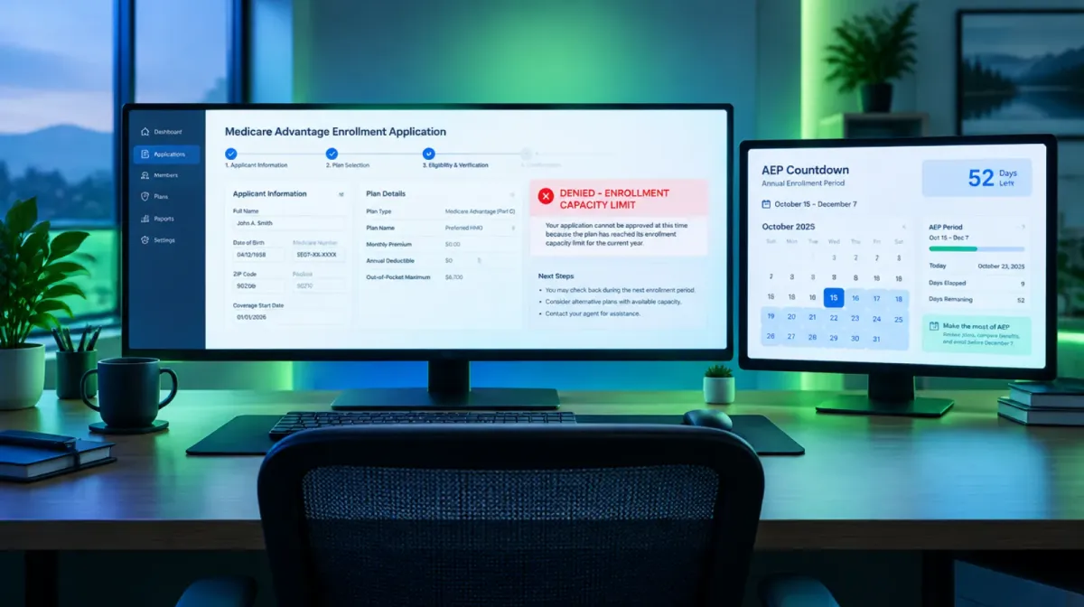 An empty modern insurance agency workspace shot from behind, a wide desk with an ultrawide monitor showing a Medicare Advantage enrollment application marked denied with a capacity limit reason code, a second monitor showing a calendar counting down AEP days, green and blue Aurora tones, no people visible