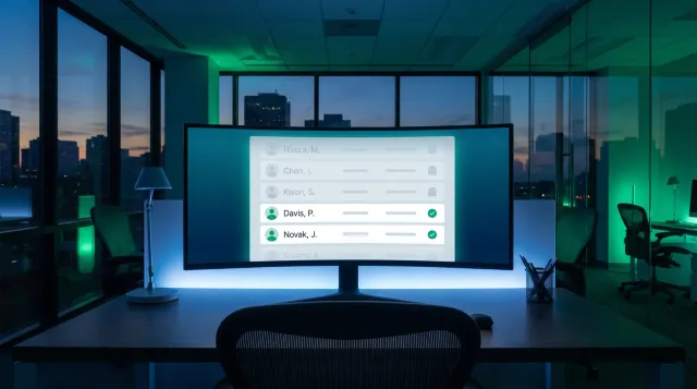 An empty modern insurance agency workspace shot from behind a desk at dusk, with an ultrawide monitor displaying an abstract provider directory interface where several listings are faded and marked with a ghost outline icon, in green and blue tones, no people visible