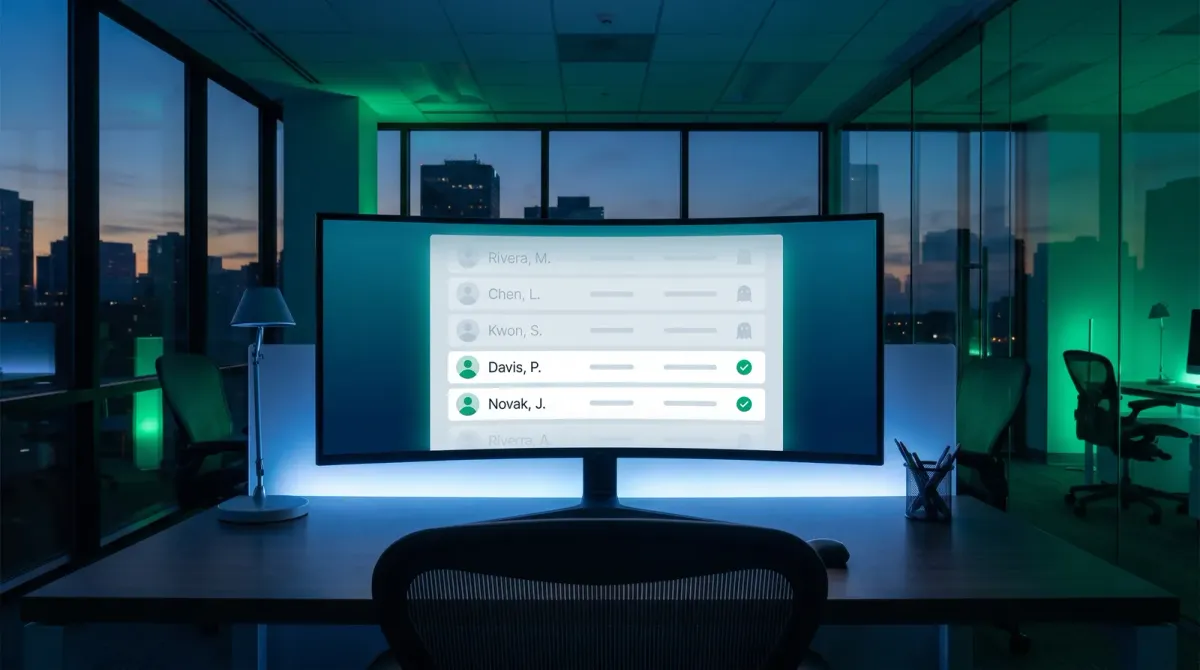 An empty modern insurance agency workspace shot from behind a desk at dusk, with an ultrawide monitor displaying an abstract provider directory interface where several listings are faded and marked with a ghost outline icon, in green and blue tones, no people visible