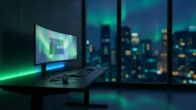 An empty modern insurance agency desk shot from the side, with a softphone headset resting next to an ultrawide monitor displaying a green and blue call-recording retention timeline dashboard, no people visible