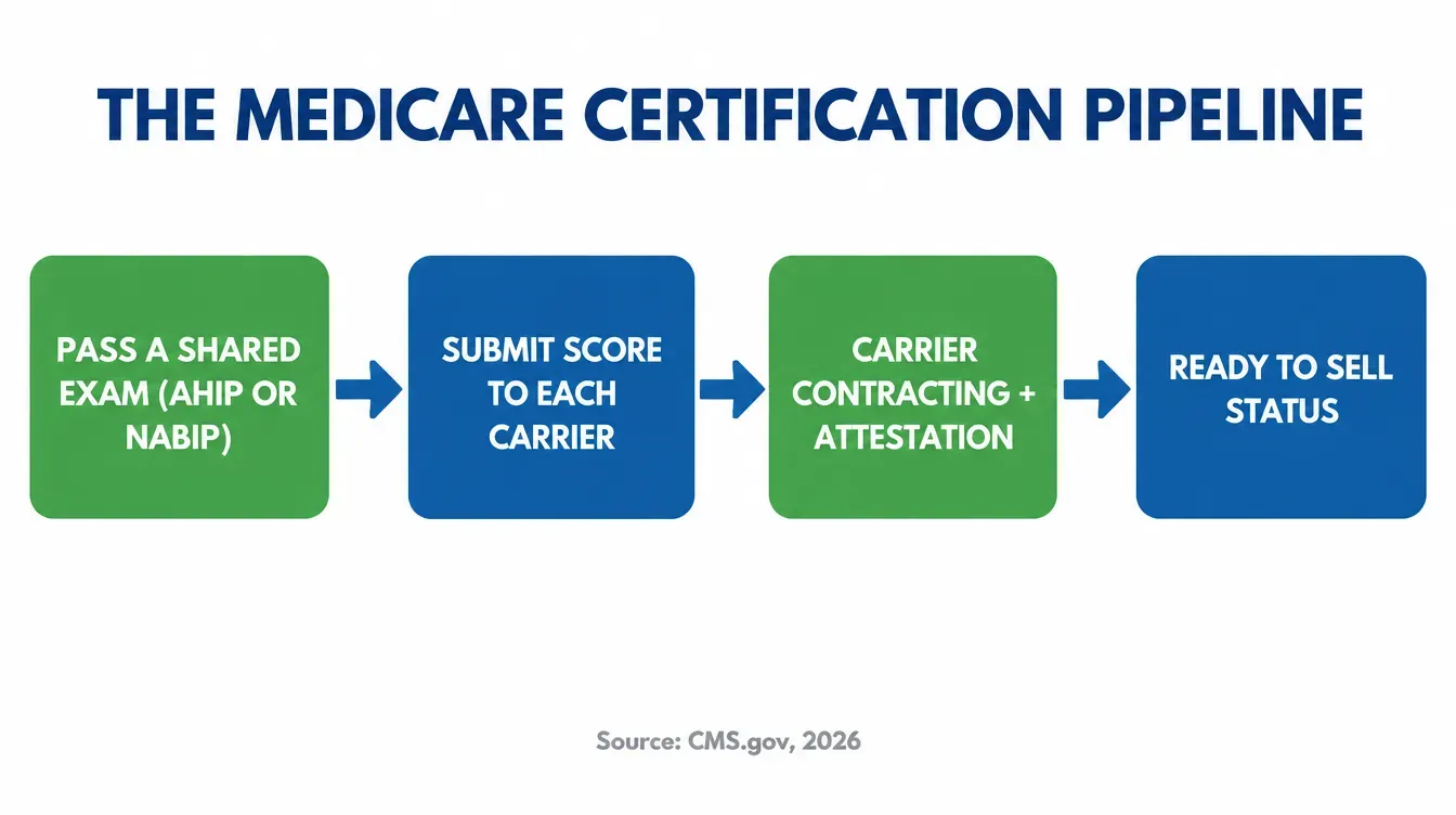 Infographic titled The Medicare Certification Pipeline, showing a horizontal flow with four labeled stages: pass a shared exam such as AHIP or NABIP, submit the score to each individual carrier, complete that carrier's own contracting and attestation, and receive a ready to sell status from that specific carrier, with a note that each carrier sets its own internal deadline ahead of the October 1 CMS marketing start date, green and blue Aurora color palette, source line reading CMS.gov 2026