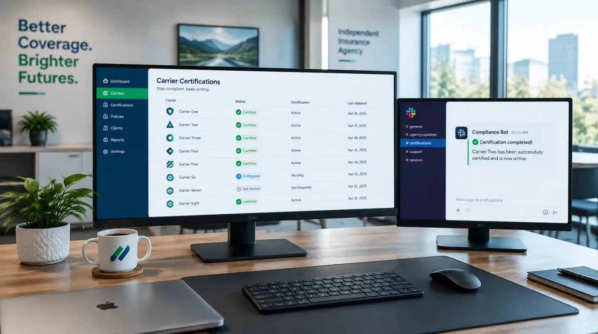 An empty modern insurance agency workspace shot from behind, a wide desk with an ultrawide monitor showing a checklist of carrier logos each with a certification status and a deadline date, a second monitor showing a Slack notification about a completed certification, green and blue Aurora tones, no people visible