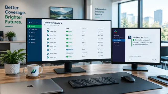 An empty modern insurance agency workspace shot from behind, a wide desk with an ultrawide monitor showing a checklist of carrier logos each with a certification status and a deadline date, a second monitor showing a Slack notification about a completed certification, green and blue Aurora tones, no people visible