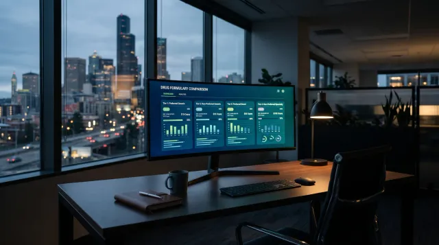 An empty modern insurance agency workspace shot from behind a desk at dusk, ultrawide monitor displaying an abstract green and blue drug formulary comparison dashboard with tier labels and NDC codes, no people visible