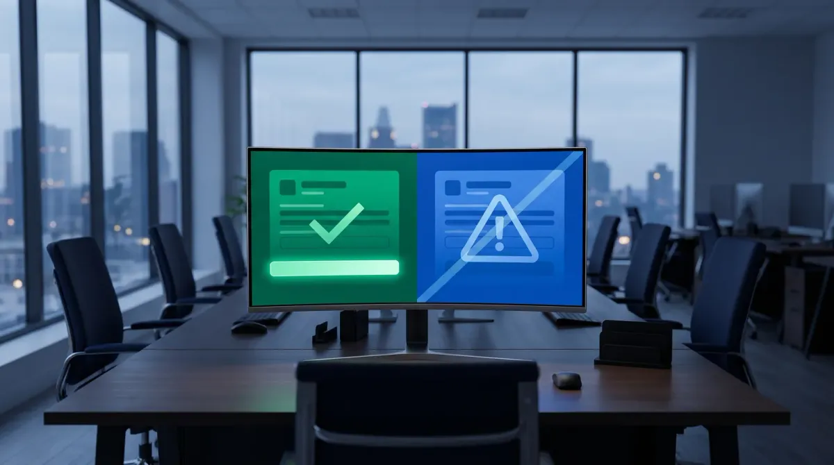 An empty modern insurance agency workspace shot from behind a desk at dusk, with an ultrawide monitor displaying an abstract split-screen webpage layout in green and blue, one side marked with a checkmark and a disclaimer bar, the other marked with a warning triangle, no people visible