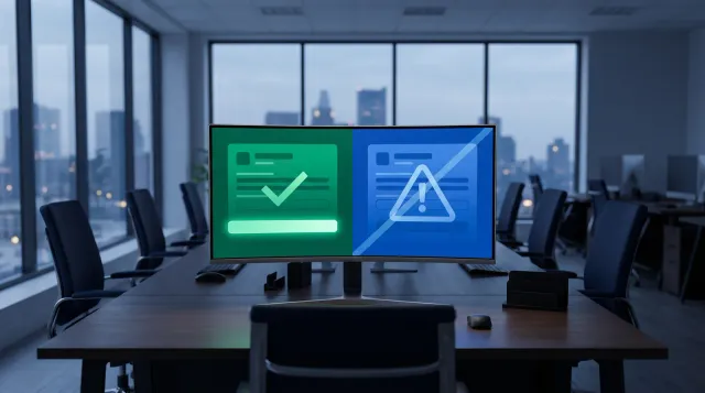 An empty modern insurance agency workspace shot from behind a desk at dusk, with an ultrawide monitor displaying an abstract split-screen webpage layout in green and blue, one side marked with a checkmark and a disclaimer bar, the other marked with a warning triangle, no people visible