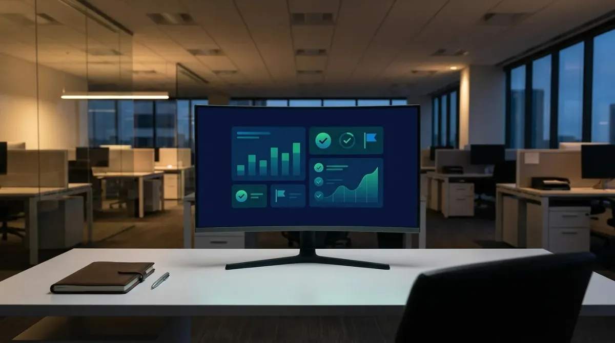 An empty modern insurance agency workspace shot from behind a desk at dusk, with an ultrawide monitor displaying an abstract green and blue ad-copy review interface with checkmark and flag icons, no people visible