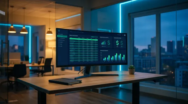 An empty modern insurance agency workspace shot from behind a desk in early evening light, with an ultrawide monitor displaying an abstract green and blue drug-formulary comparison dashboard interface with tier labels and dollar figures, no people visible