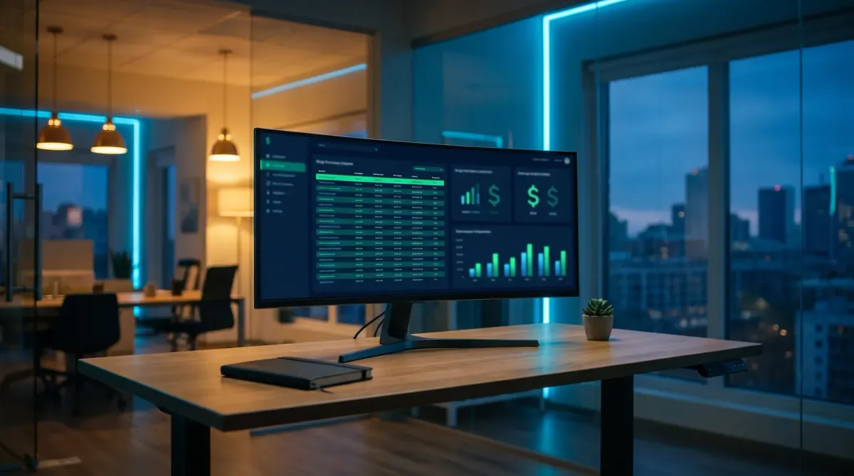 An empty modern insurance agency workspace shot from behind a desk in early evening light, with an ultrawide monitor displaying an abstract green and blue drug-formulary comparison dashboard interface with tier labels and dollar figures, no people visible