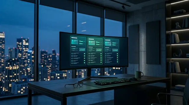 Dark office at blue hour with an ultrawide monitor showing three Medicare Advantage plans compared side by side, reading glasses on the desk
