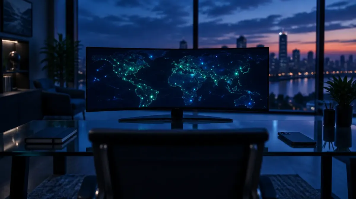 An empty modern insurance agency workspace shot from behind a glass desk at dusk, with an ultrawide curved monitor displaying an abstract world map network graphic in glowing green and blue tones, a closed notebook and a phone resting face-down on the desk, a large window showing a blurred dusk skyline, no people visible, no readable text