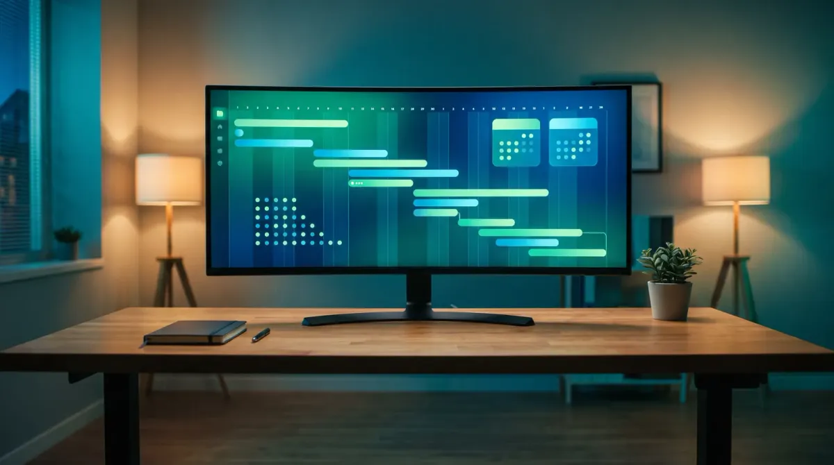 A wide, empty modern insurance agency workspace at dusk with an ultrawide monitor displaying an abstract calendar and enrollment-window dashboard in green and blue tones