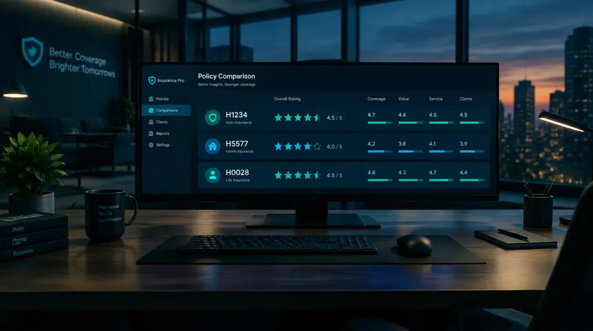 An empty modern insurance agency workspace shot from behind a desk at dusk, ultrawide monitor displaying an abstract green and blue star ratings comparison dashboard with contract ID labels, no people visible